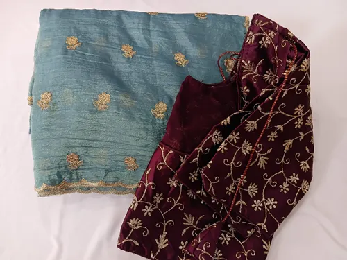 Sky Blue Crush tissue Saree with designer blouse